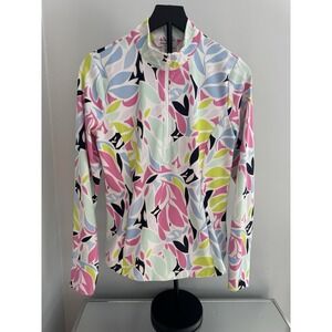 Tommy Bahama Pullover Shirt Womens Medium‎ Pink Green Tropical Golf Quarter Zip